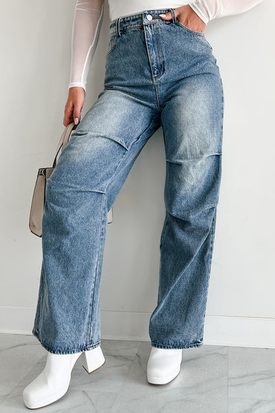 Urban Roots Knee Tuck Wide Leg Jeans (Washed Denim) - NanaMacs