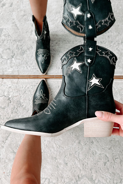 Under The Western Sky Star & Moon Western Booties (Black) - NanaMacs