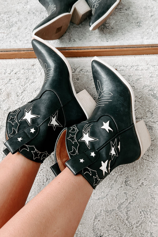 Under The Western Sky Star & Moon Western Booties (Black) - NanaMacs