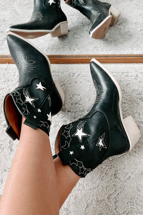 Under The Western Sky Star & Moon Western Booties (Black) - NanaMacs