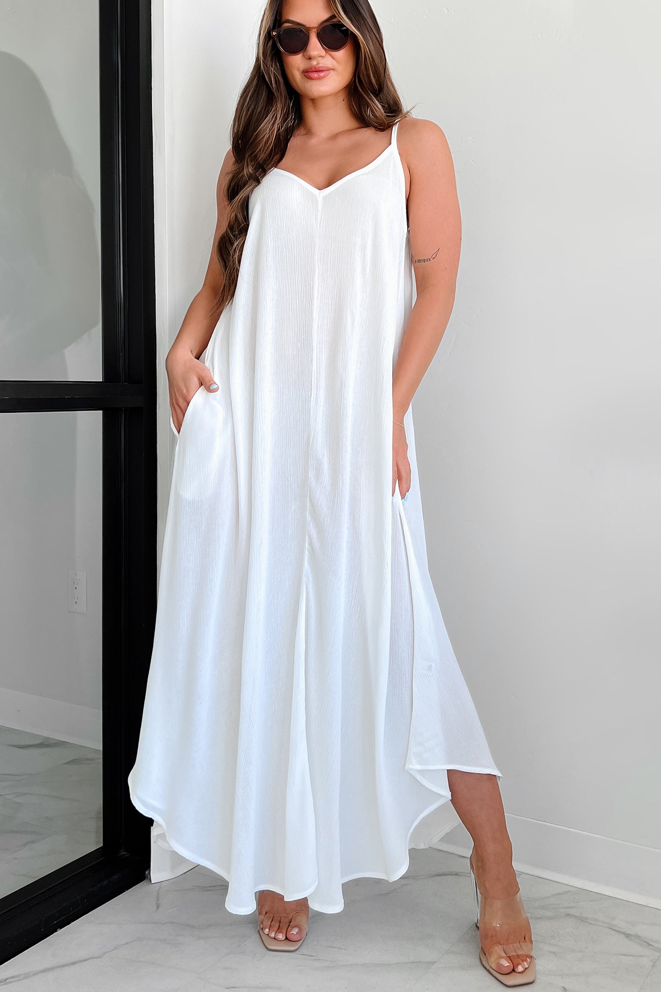 Desert Skies Crinkle Woven Cami Maxi Dress (Off White) - NanaMacs