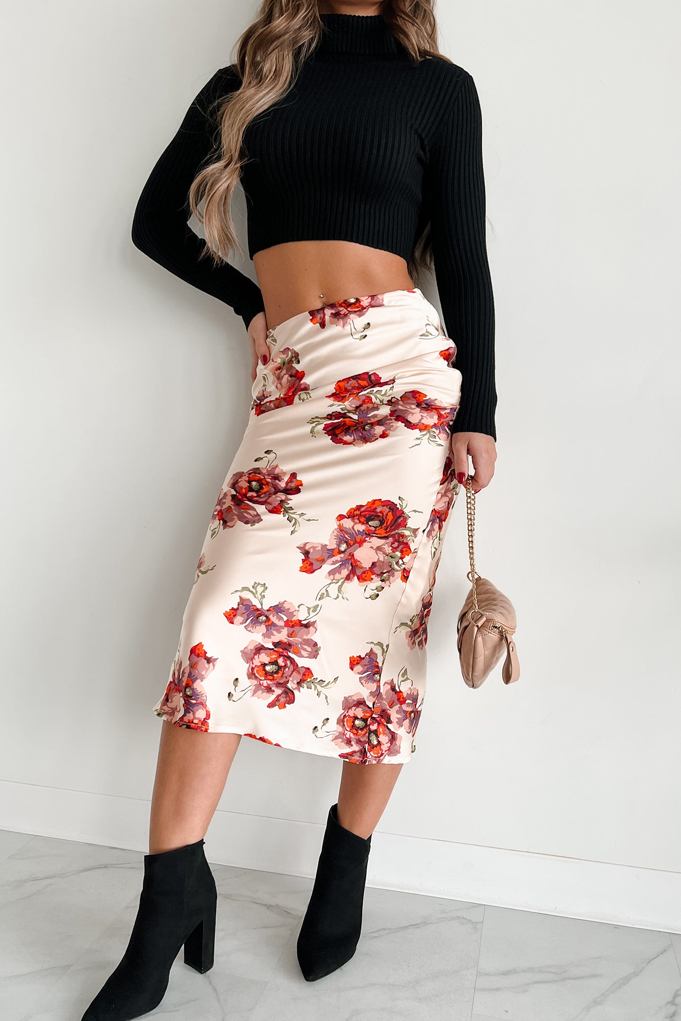 Brunch Plans Satin Floral Midi Skirt Cream