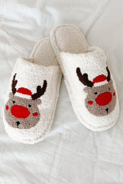 Hey Rudolph Fuzzy Reindeer Slippers (White/Reindeer) - NanaMacs