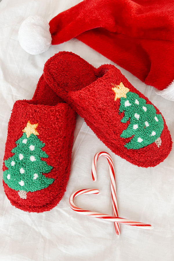 Doing Just Pine Fuzzy Christmas Tree Slippers (Red) - NanaMacs