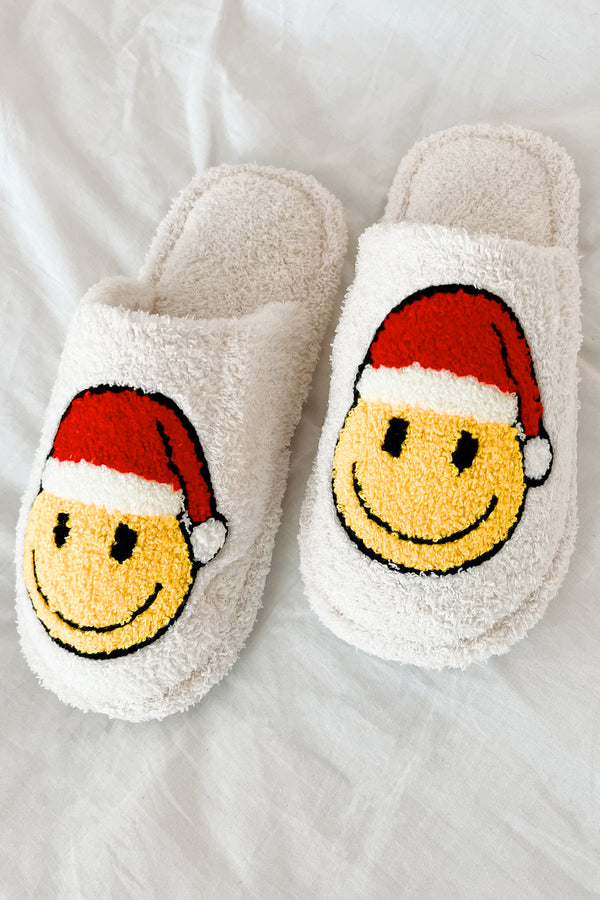 Jolly For The Holidays Fuzzy Santa Smile Slippers (White/Santa) - NanaMacs