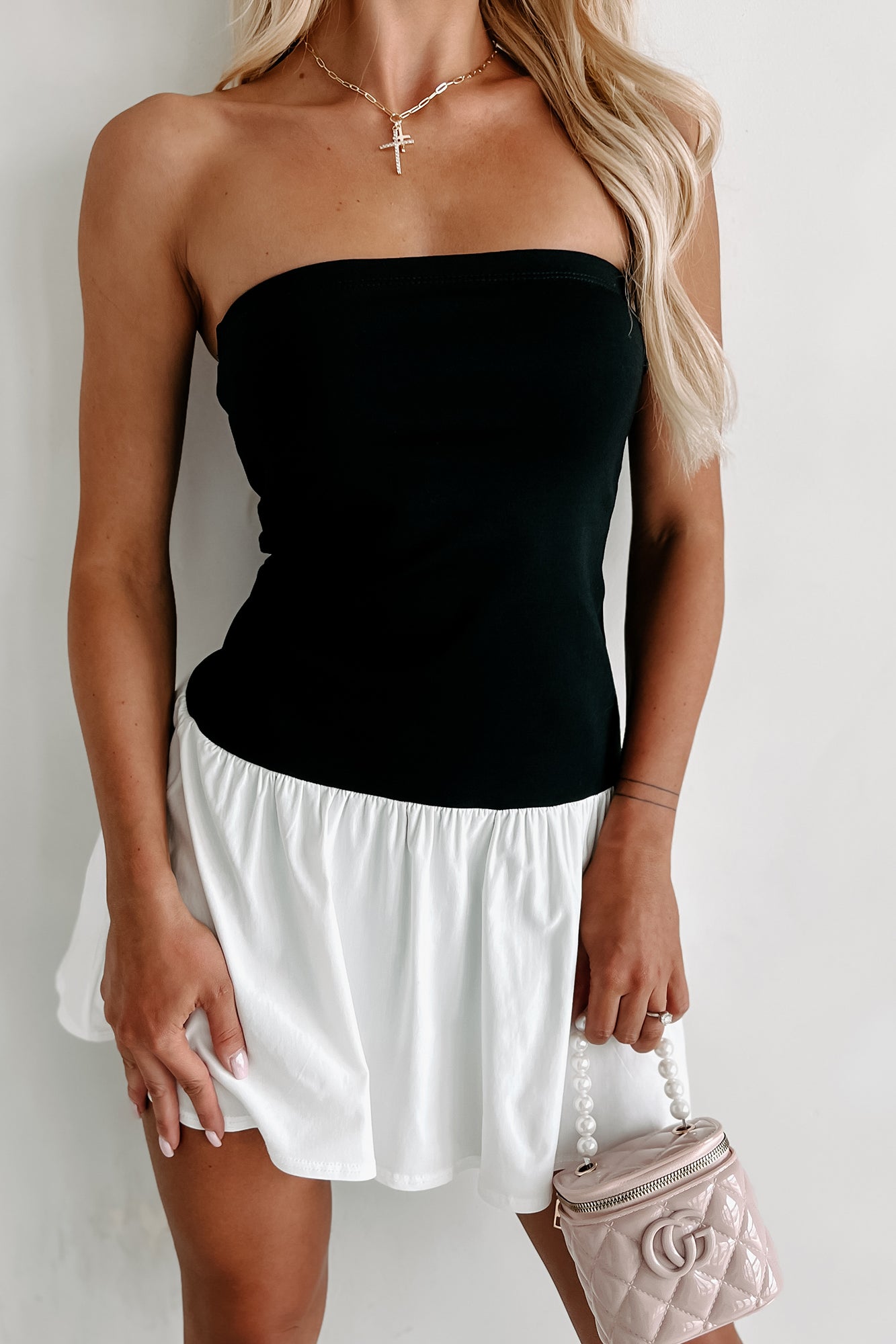 Miller Woven Mix Strapless Mini Dress (Black/Off White) - NanaMacs