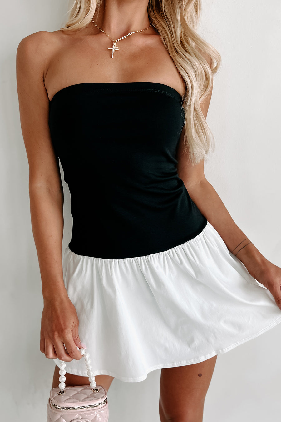 Miller Woven Mix Strapless Mini Dress (Black/Off White)