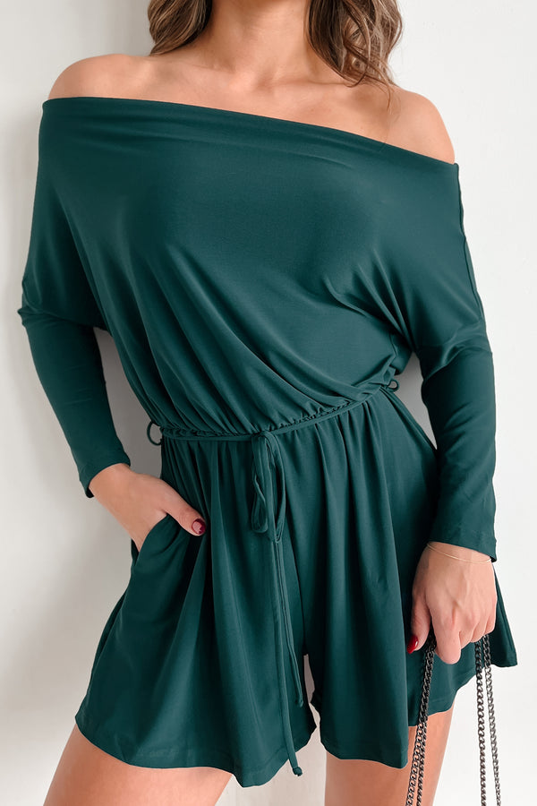 With Absolute Certainty Off The Shoulder Romper (Hunter Green) - NanaMacs