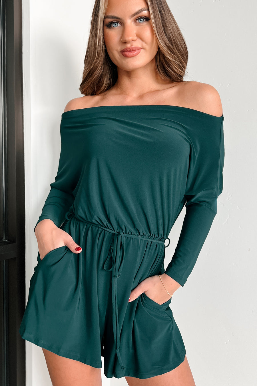With Absolute Certainty Off The Shoulder Romper (Hunter Green) - NanaMacs