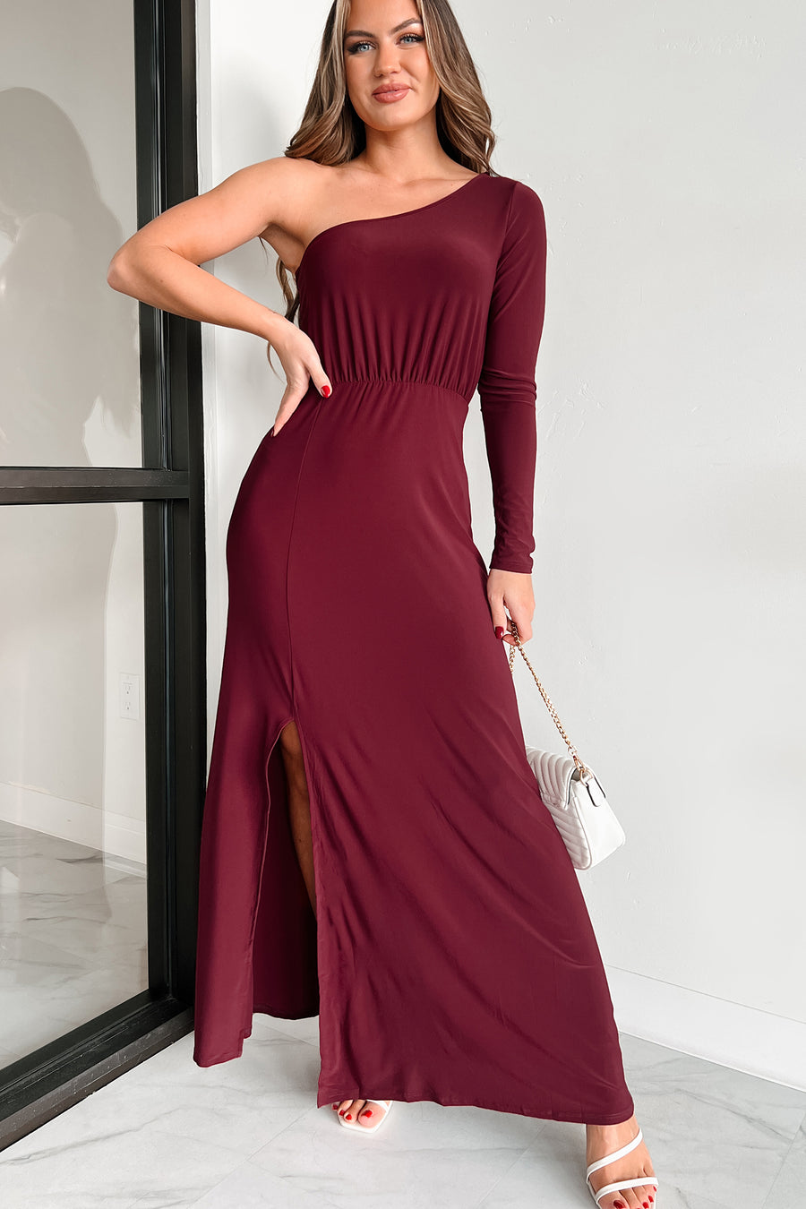 Only If It's About Me One Shoulder Maxi Dress (Burgundy) - NanaMacs
