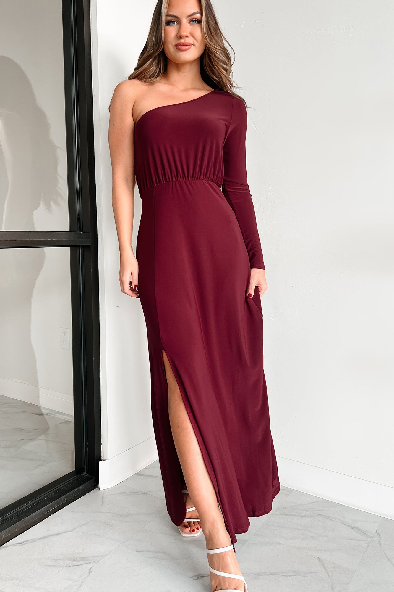 Only If It's About Me One Shoulder Maxi Dress (Burgundy) - NanaMacs