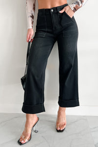 Graham Vervet High Rise Cuffed Wide Leg Jeans (Black) - NanaMacs