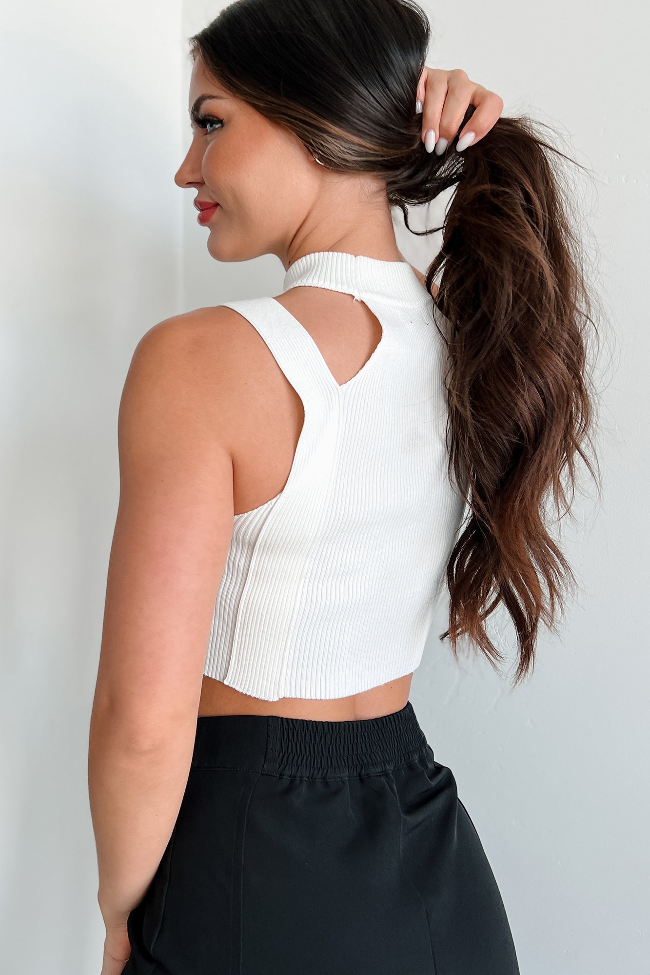 Forming Connections Ribbed Cut-Out Crop Top (Off White) - NanaMacs