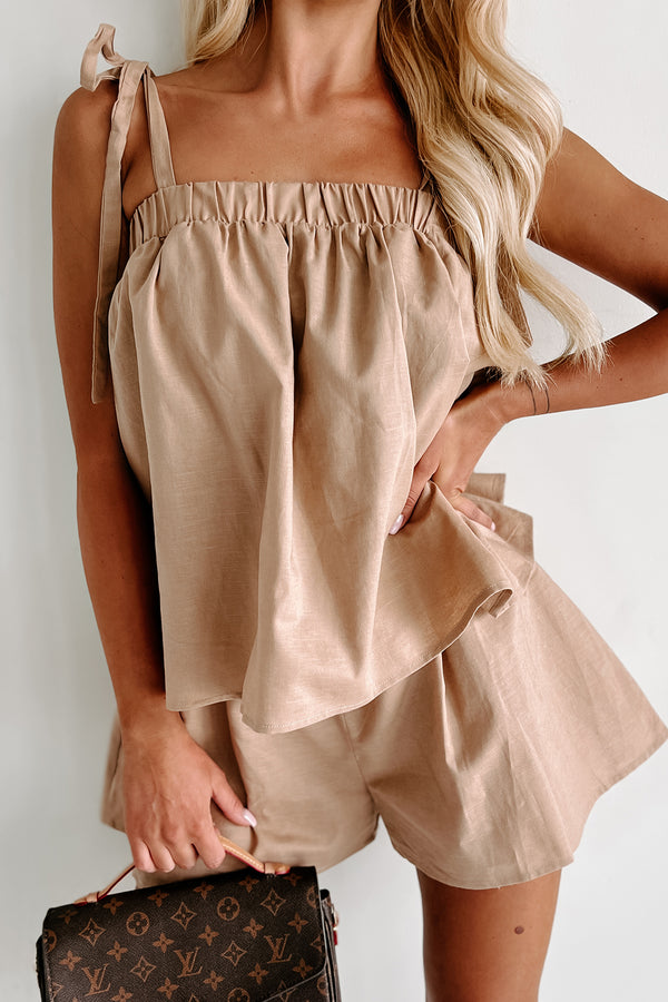 Sunday Funday Tie-Shoulder Layered Romper (Khaki) - NanaMacs