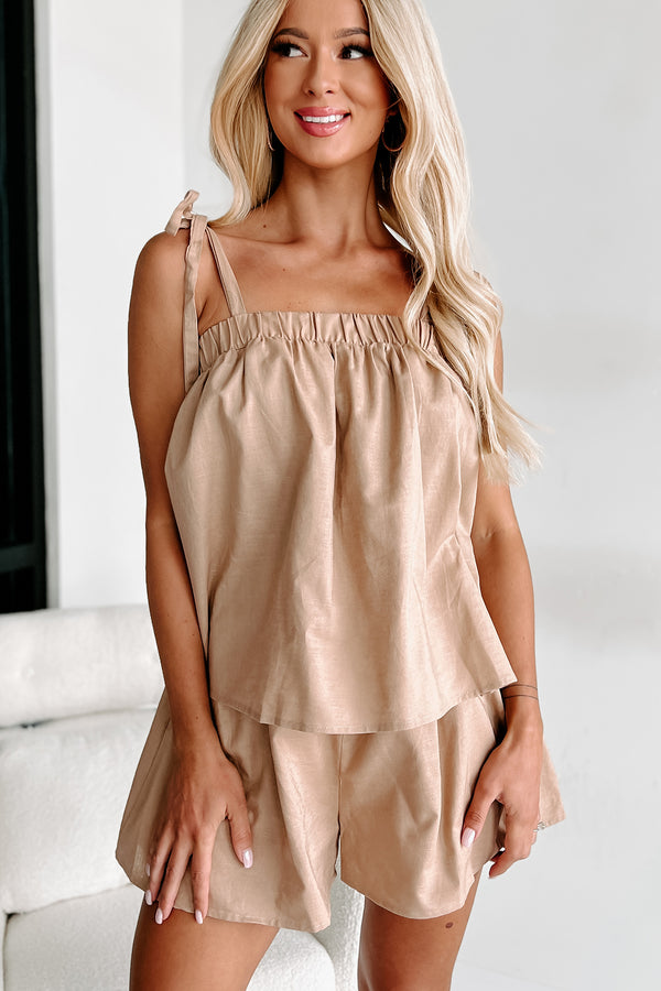 Sunday Funday Tie-Shoulder Layered Romper (Khaki) - NanaMacs