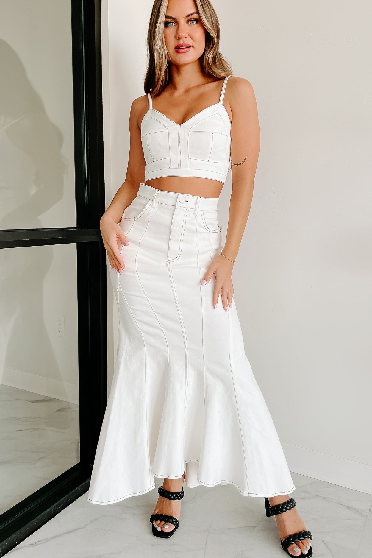 White satin crop top and clearance skirt