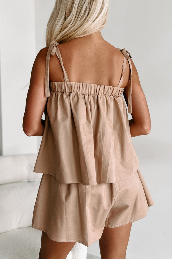 Sunday Funday Tie-Shoulder Layered Romper (Khaki) - NanaMacs