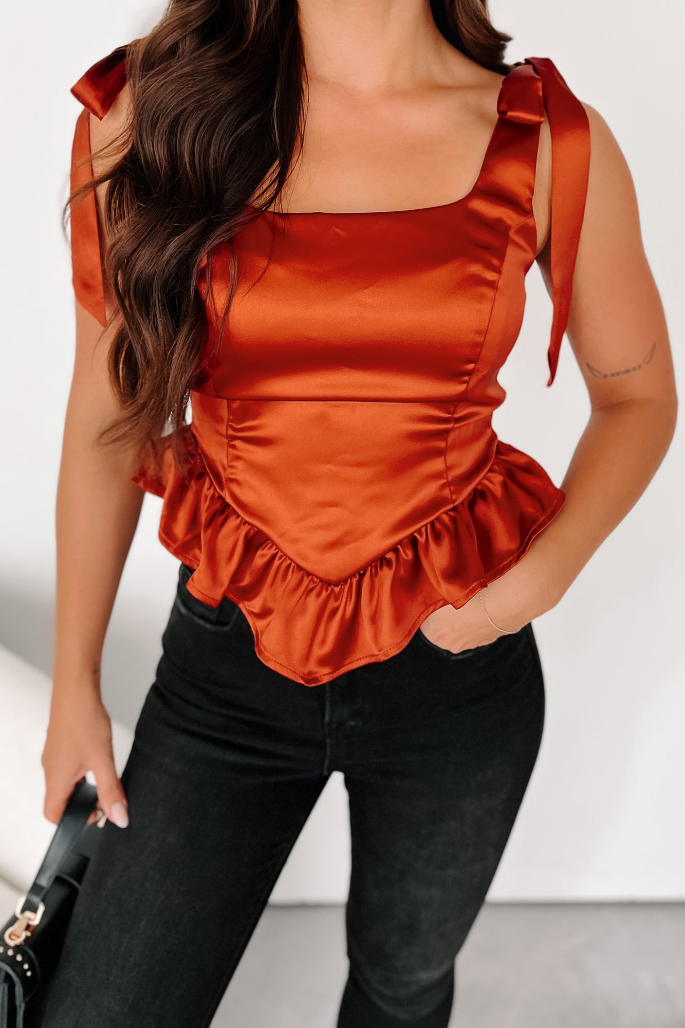 Bringing The Class Satin Top (Rust)