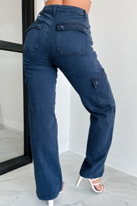 Laith High Rise Wide Leg Risen Cargo Jeans (Blueberry) - NanaMacs