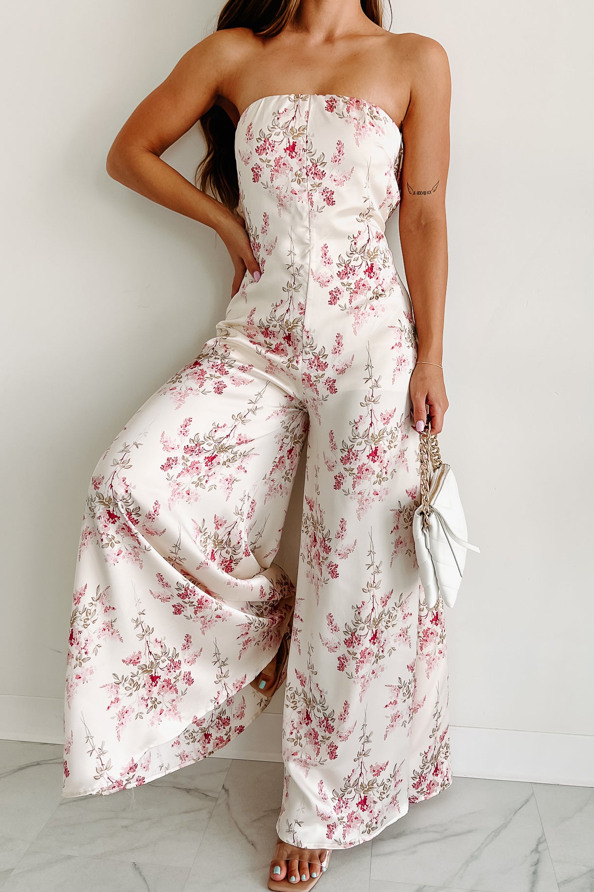 Always Enticing Strapless Satin Floral Jumpsuit (Ivory Pink) · NanaMacs
