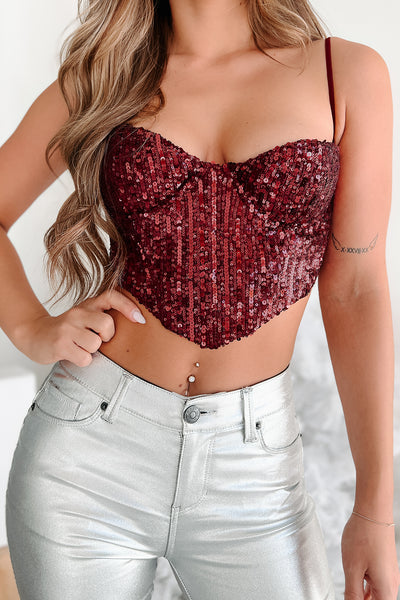 Monique Sequin Corset Crop Top (Burgundy) - NanaMacs