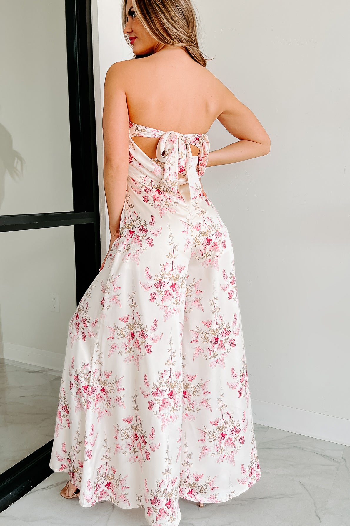 Always Enticing Strapless Satin Floral Jumpsuit (Ivory Pink