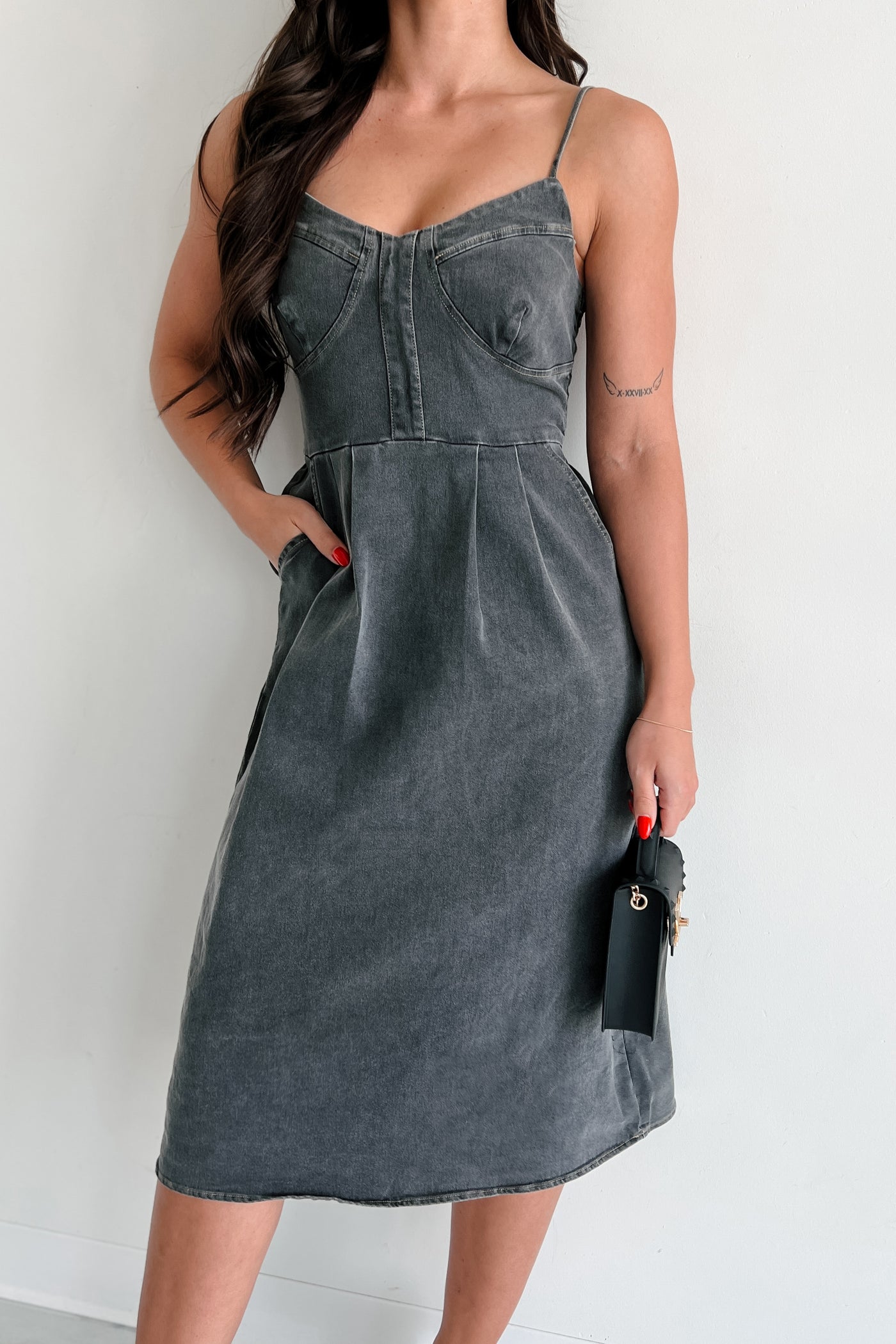 Trendy Tendencies Denim Midi Dress (Black) - NanaMacs