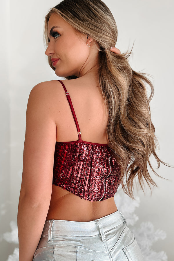 Monique Sequin Corset Crop Top (Burgundy) - NanaMacs