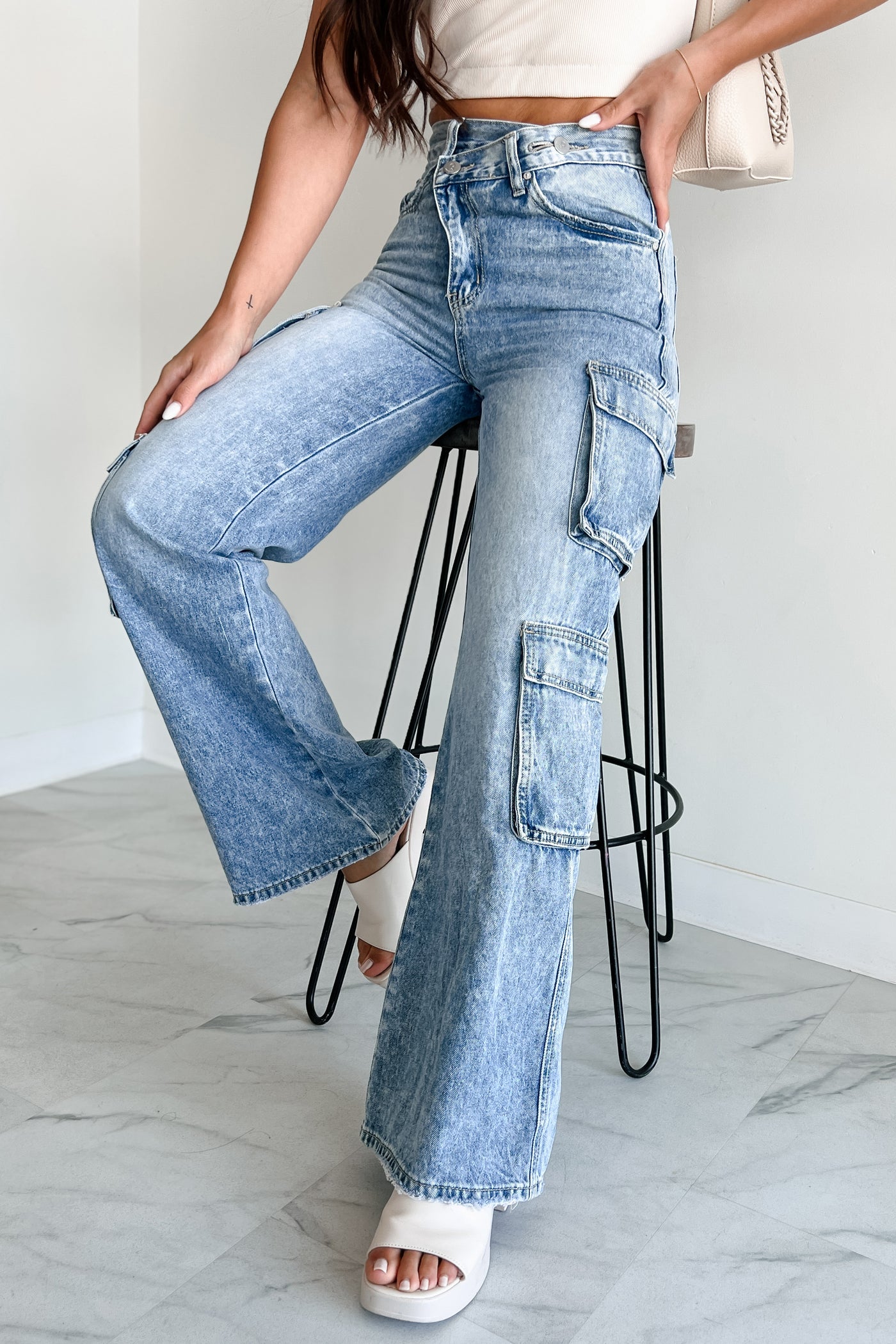 Betting On Myself High Rise Cross-Waist Cargo Jeans (Light) - NanaMacs