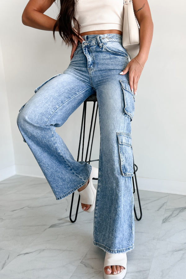 Betting On Myself High Rise Cross-Waist Cargo Jeans (Light) - NanaMacs