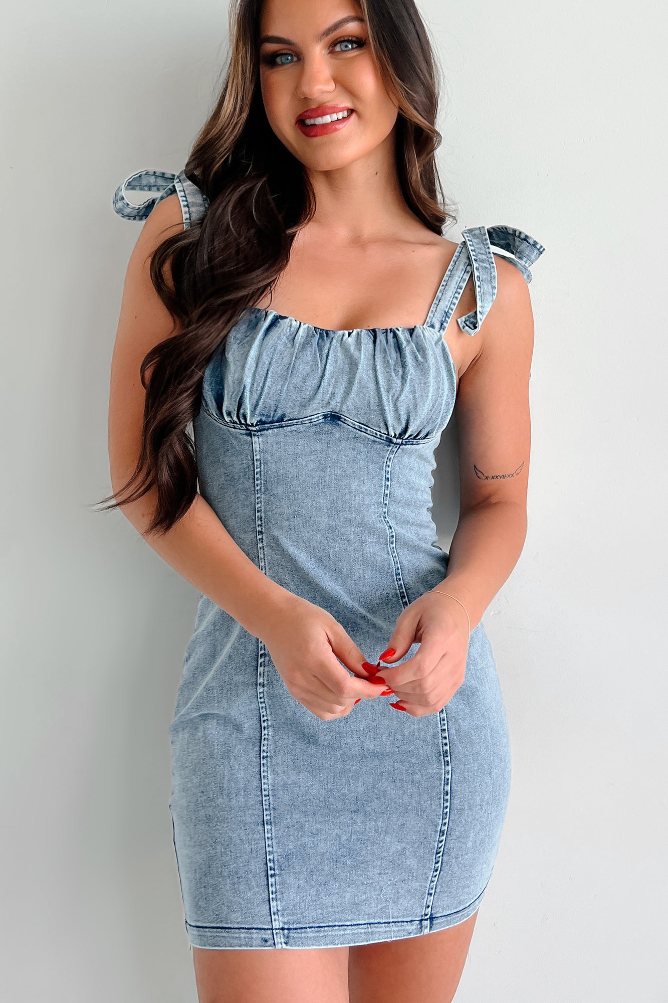 Never Slowing Down Tie-Strap Denim Mini Dress (Denim Blue) - NanaMacs