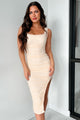 Sultry Siren Ruched Mesh Midi Dress (Cream) - NanaMacs