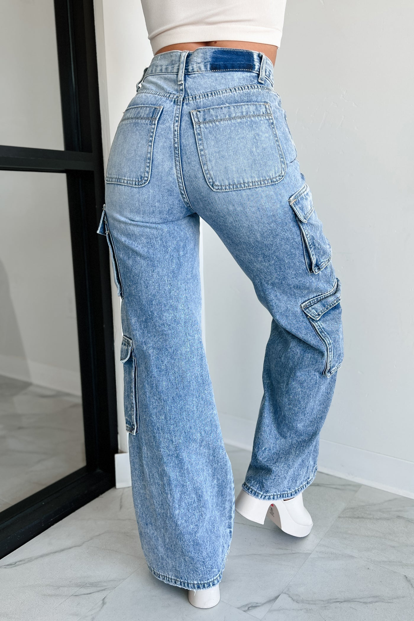 Betting On Myself High Rise Cross-Waist Cargo Jeans (Light) - NanaMacs