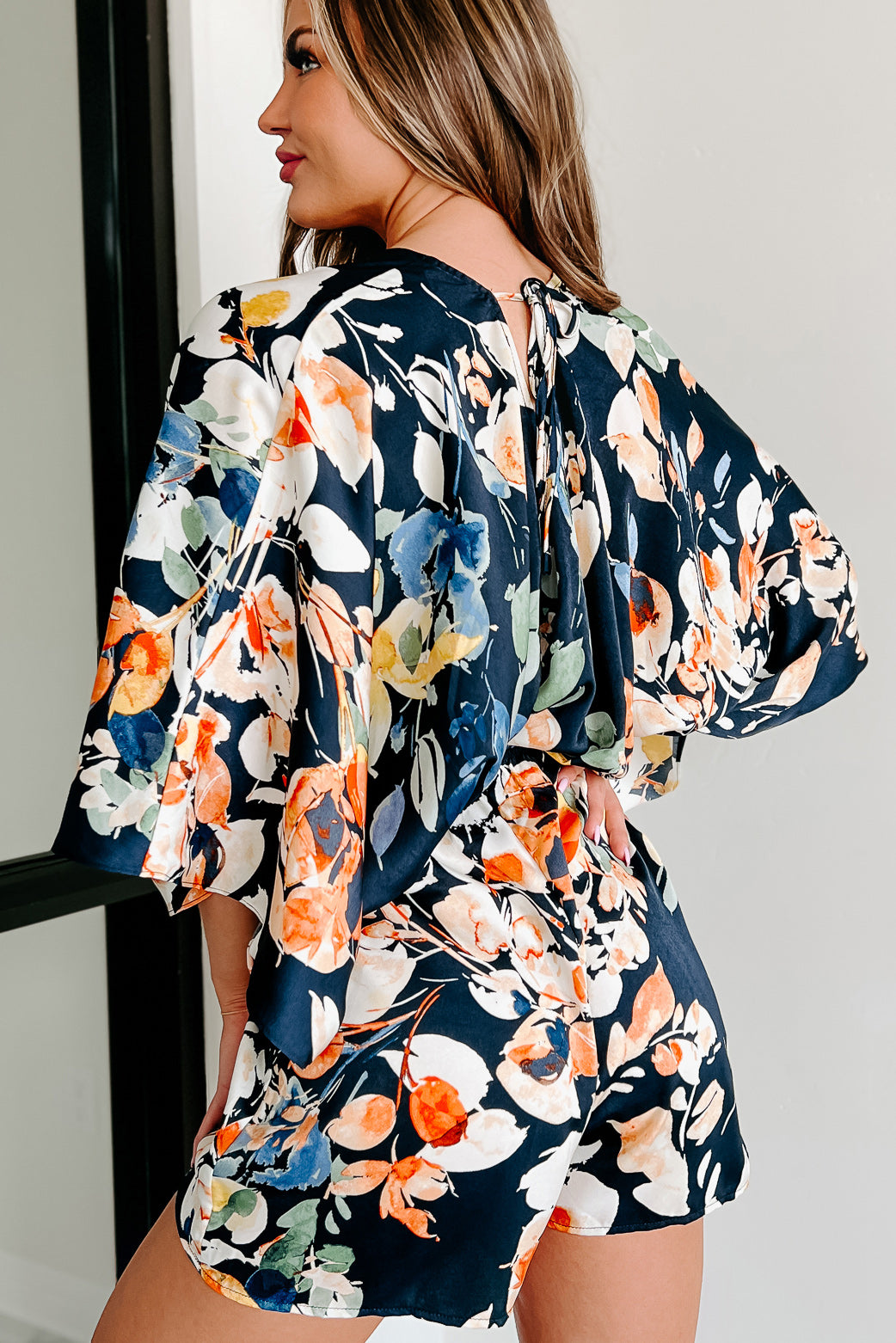 Traveling The Globe Printed Kimono Sleeve Romper (Navy/Multi) - NanaMacs