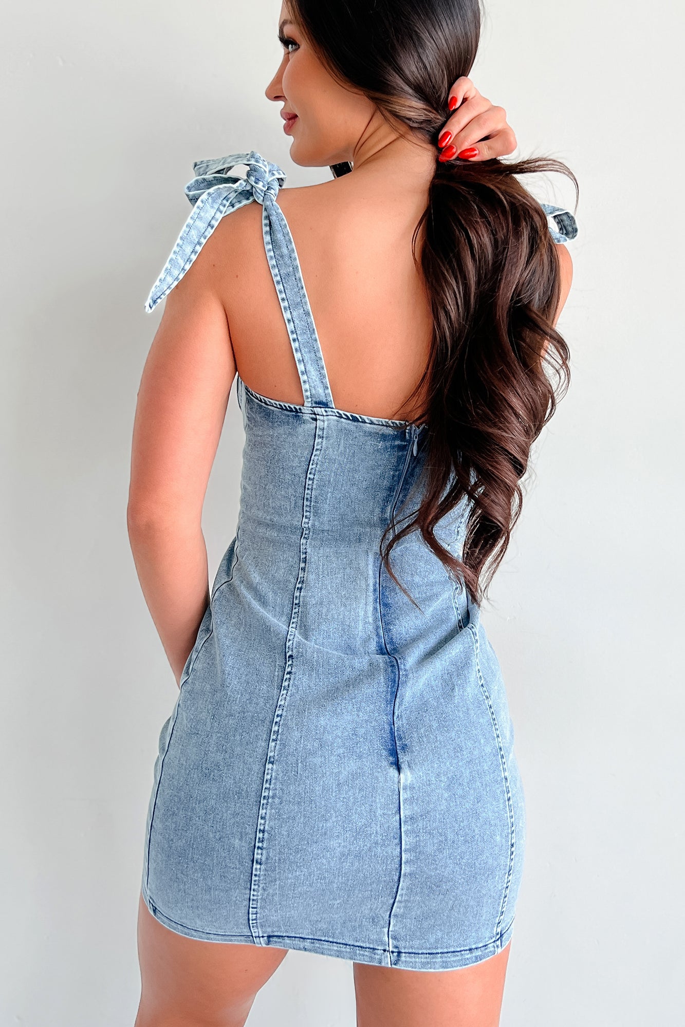 Never Slowing Down Tie-Strap Denim Mini Dress (Denim Blue) - NanaMacs