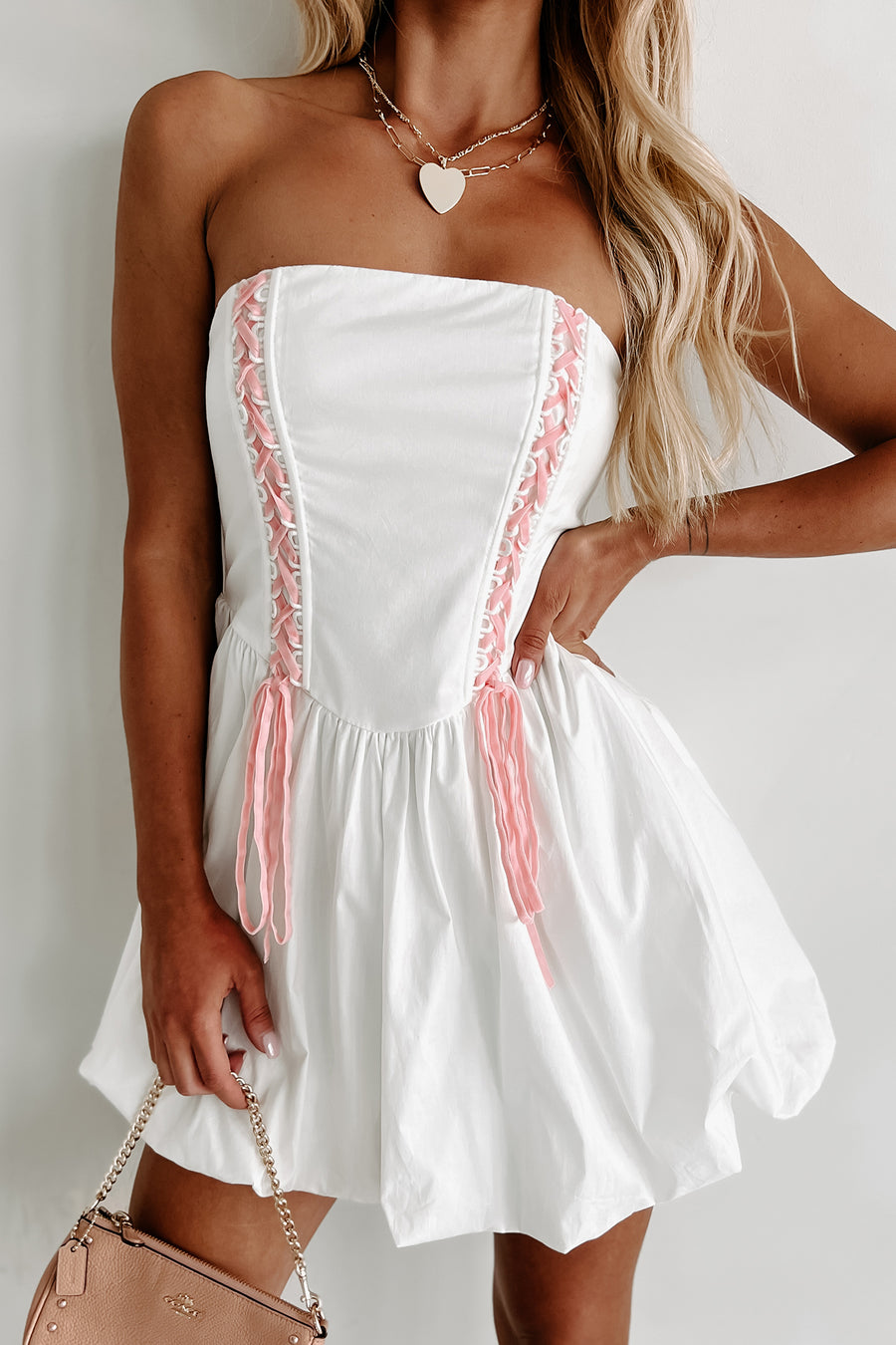 Iconic Reputation Lace-Up Strapless Bubble Dress (Off White)