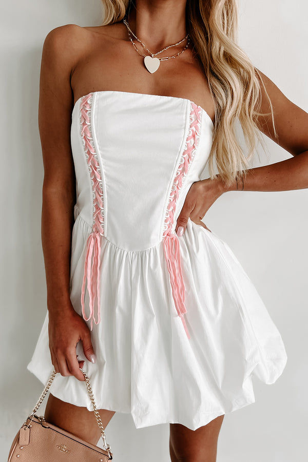 Iconic Reputation Lace-Up Strapless Bubble Dress (Off White) - NanaMacs