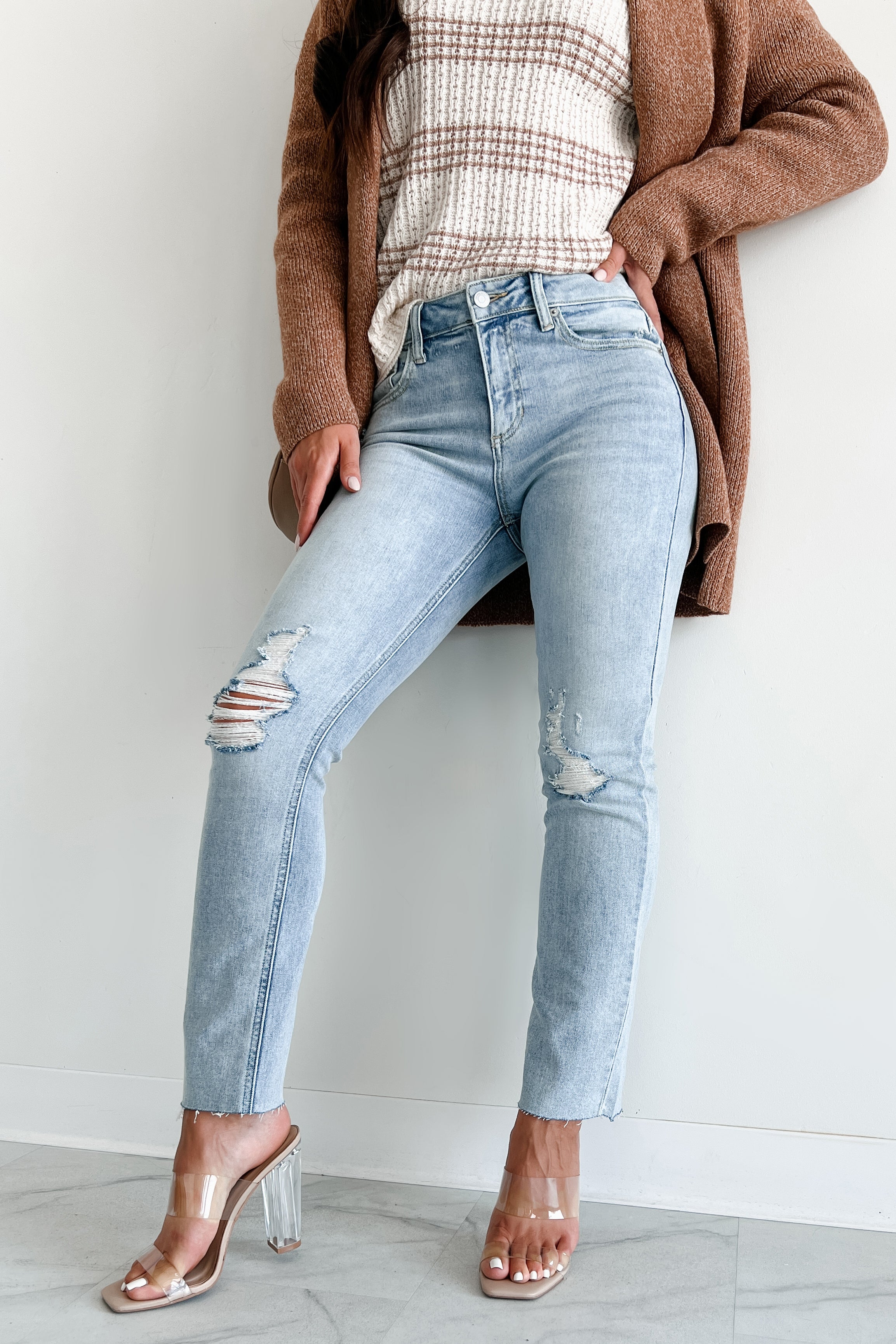 Azra High Rise Sneak Peek Slim Straight Jeans (Light Vintage
