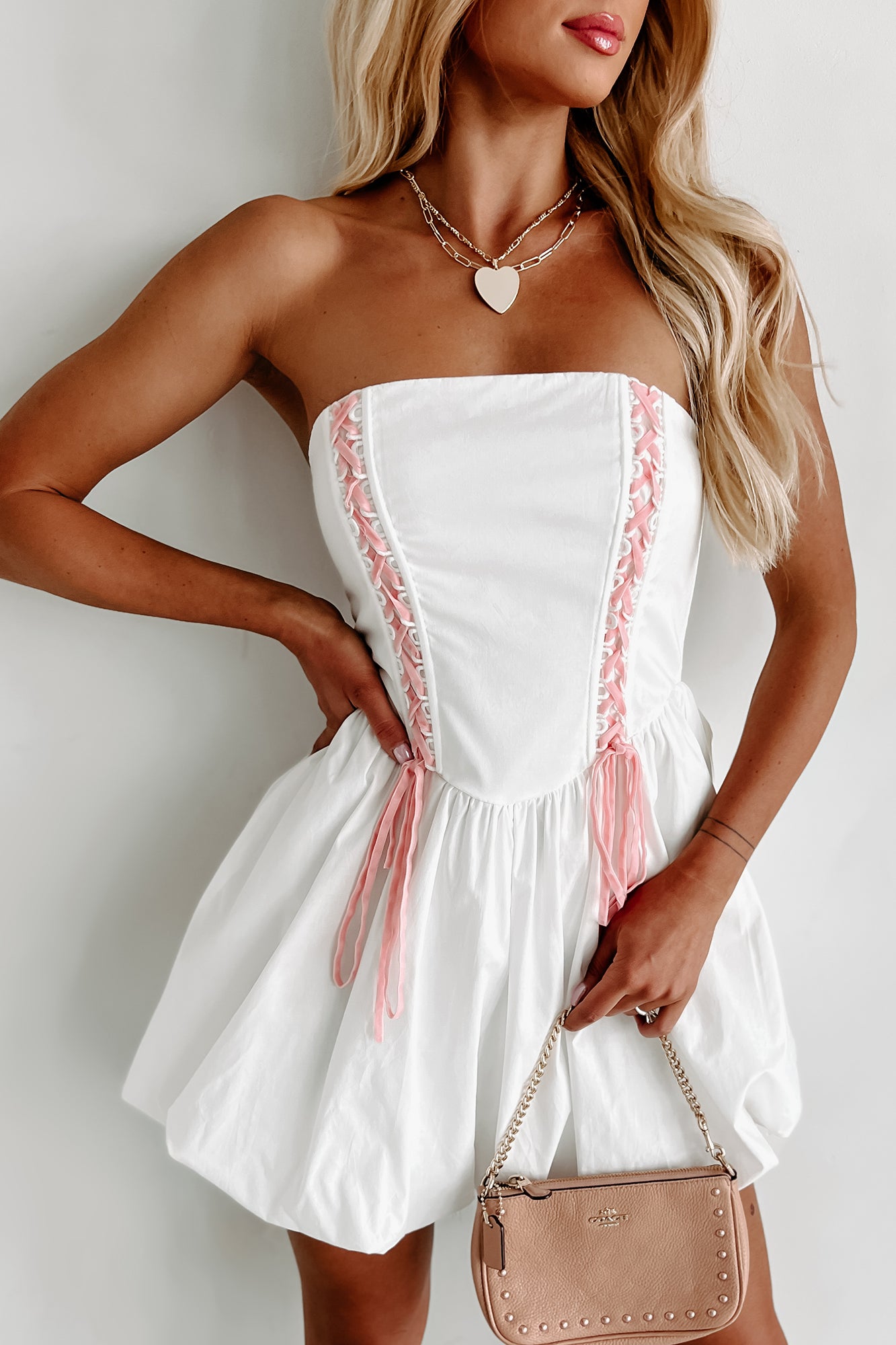 Iconic Reputation Lace-Up Strapless Bubble Dress (Off White) - NanaMacs