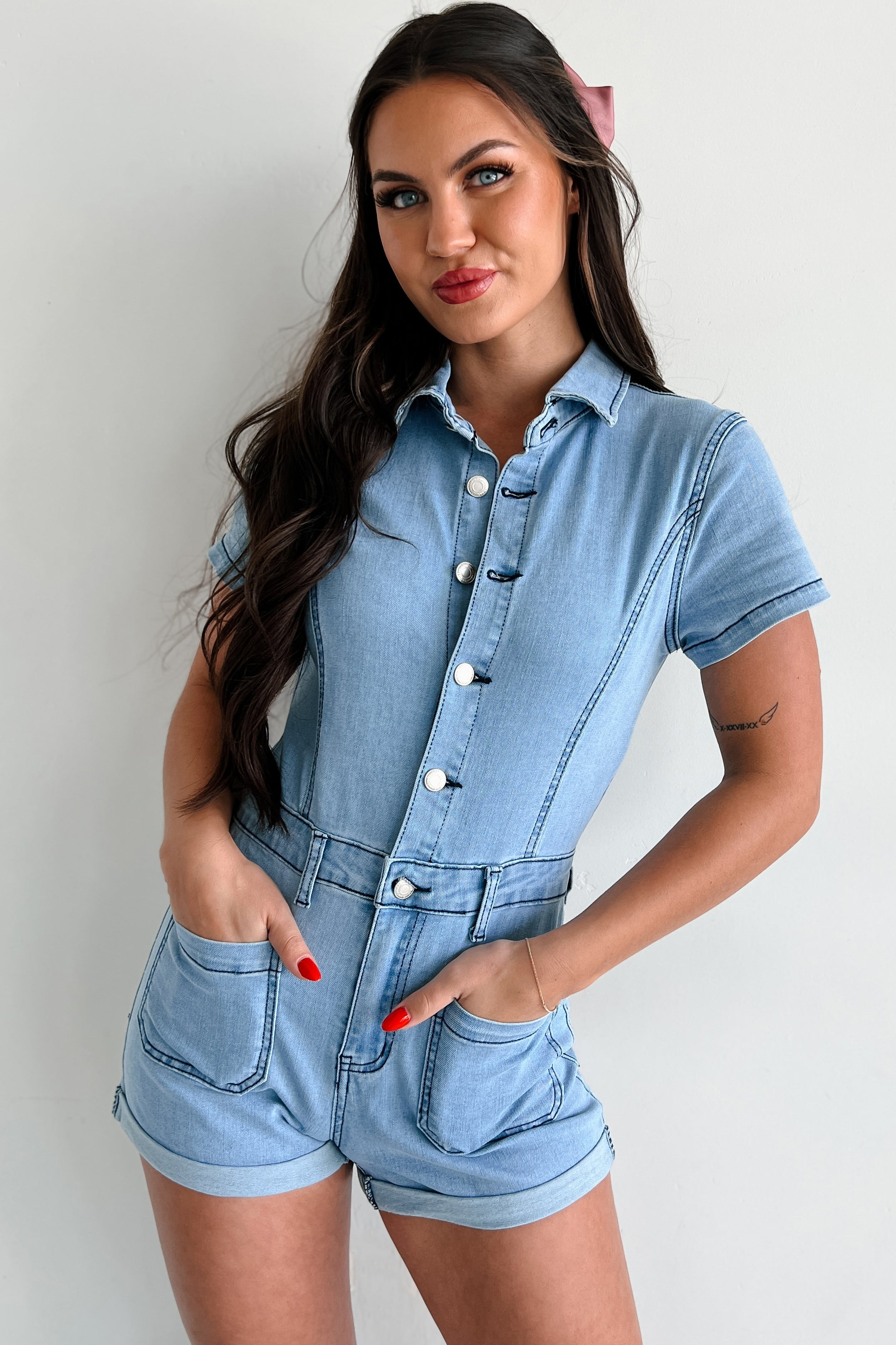 Western Showdown Stretch Denim Romper (Light Denim) - NanaMacs