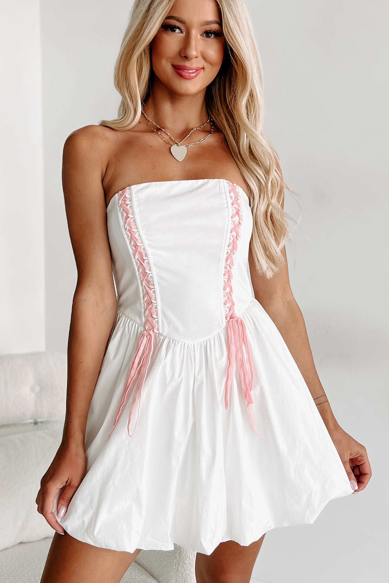 Iconic Reputation Lace-Up Strapless Bubble Dress (Off White) - NanaMacs