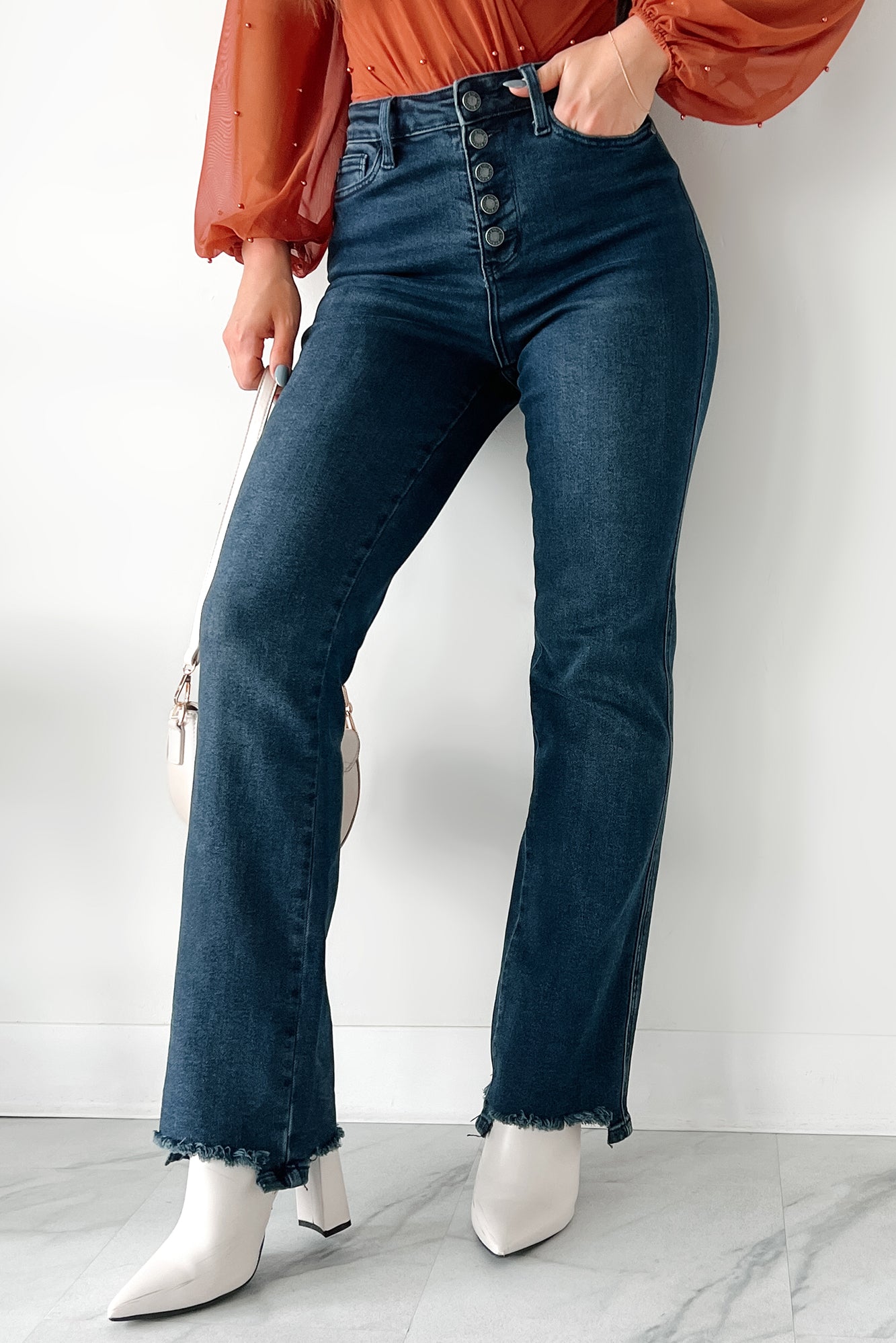 Otis Judy Blue Button Fly Distressed Hem Straight Leg Jeans (Dark) - NanaMacs