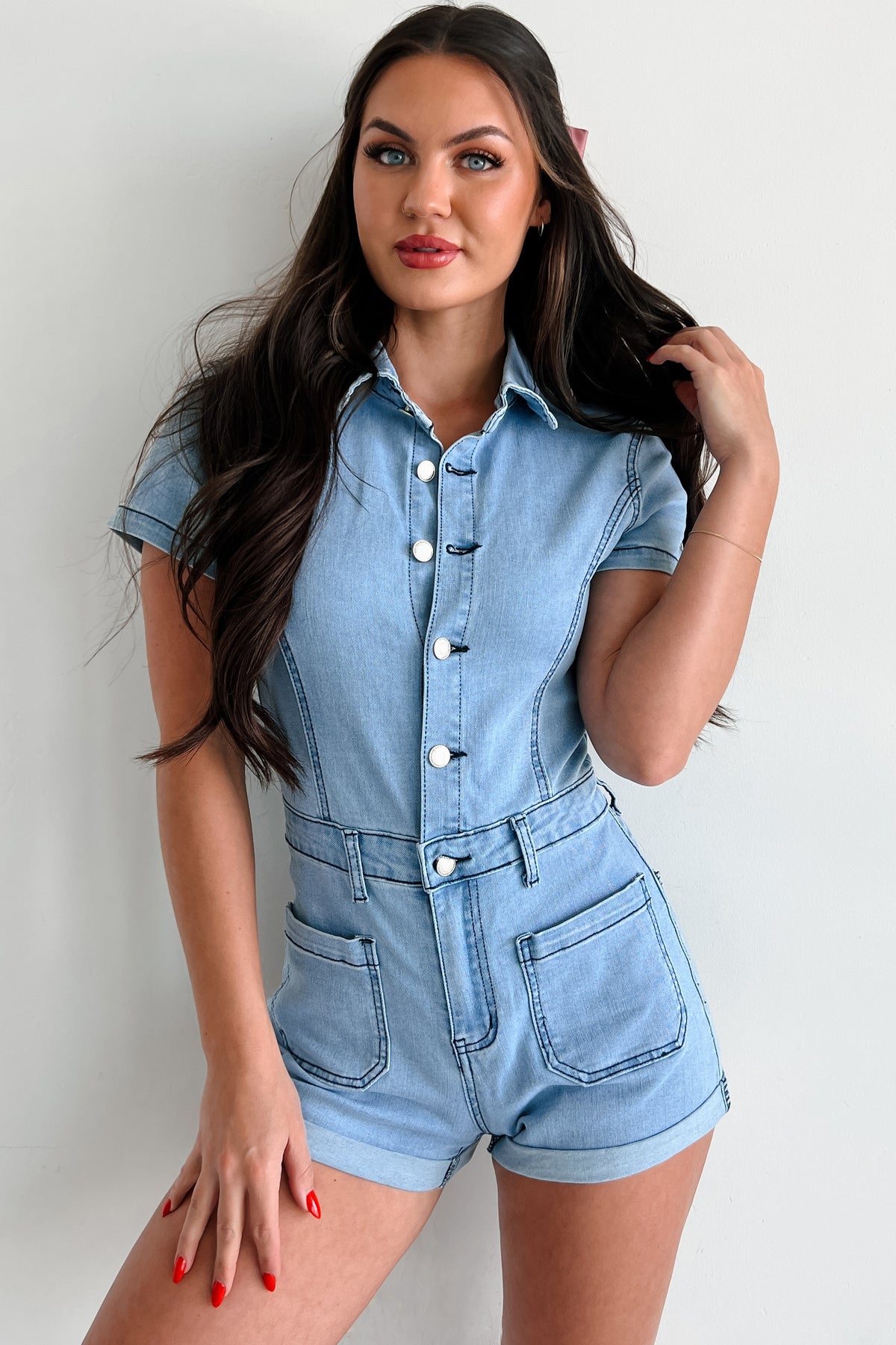 Western Showdown Stretch Denim Romper (Light Denim) · NanaMacs Western Showdown Stretch Denim Romper (Light Denim) · NanaMacs