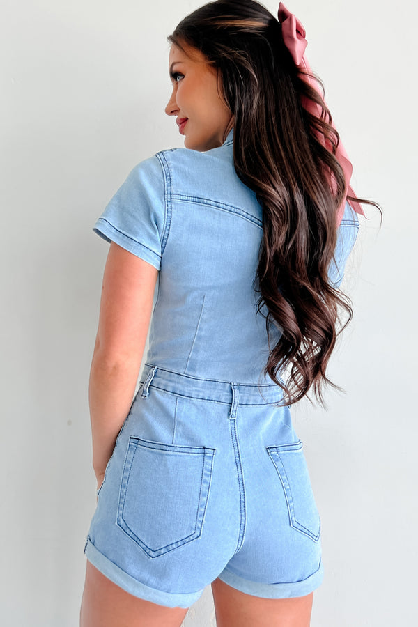 Western Showdown Stretch Denim Romper (Light Denim) - NanaMacs