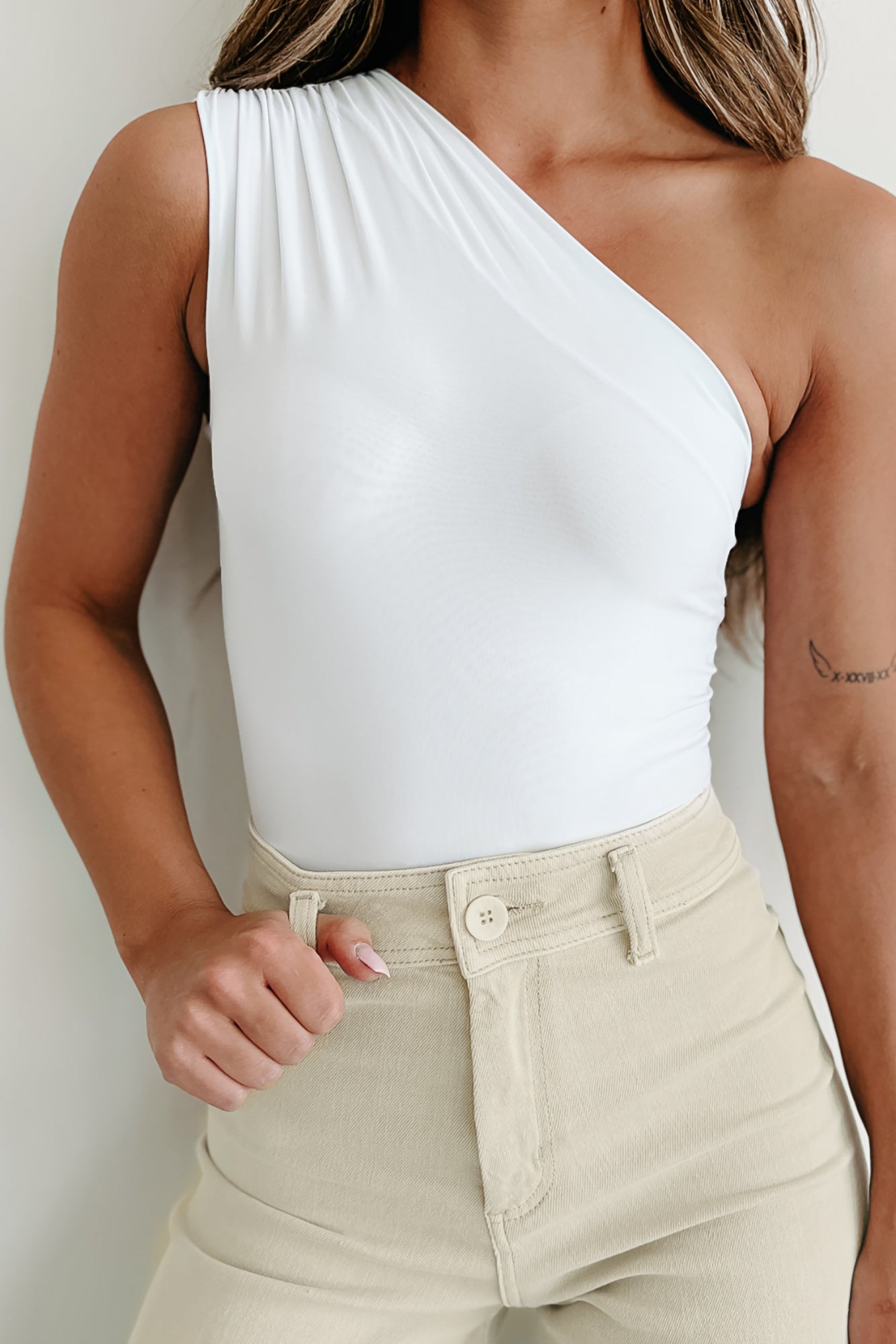 Elizabeth Shirred One Shoulder Bodysuit (White) - NanaMacs