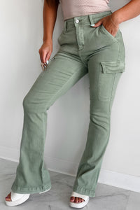 Indiana High Rise Split Hem Cargo Bootcut Jeans (Sage) - NanaMacs