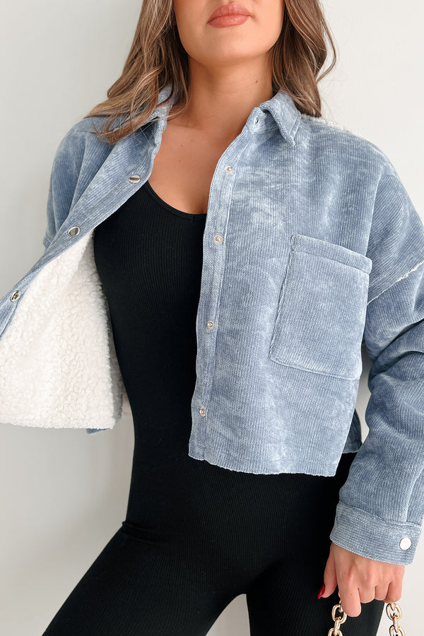 Montana Smiles Sherpa Lined Chenille Crop Jacket (Denim Blue) - NanaMacs