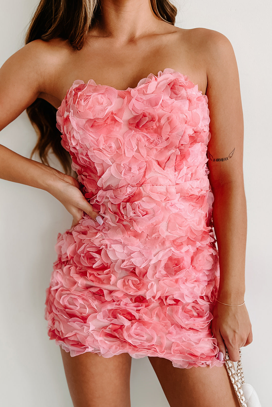 Bloom Away Textured Floral Strapless Mini Dress (Pink) - NanaMacs