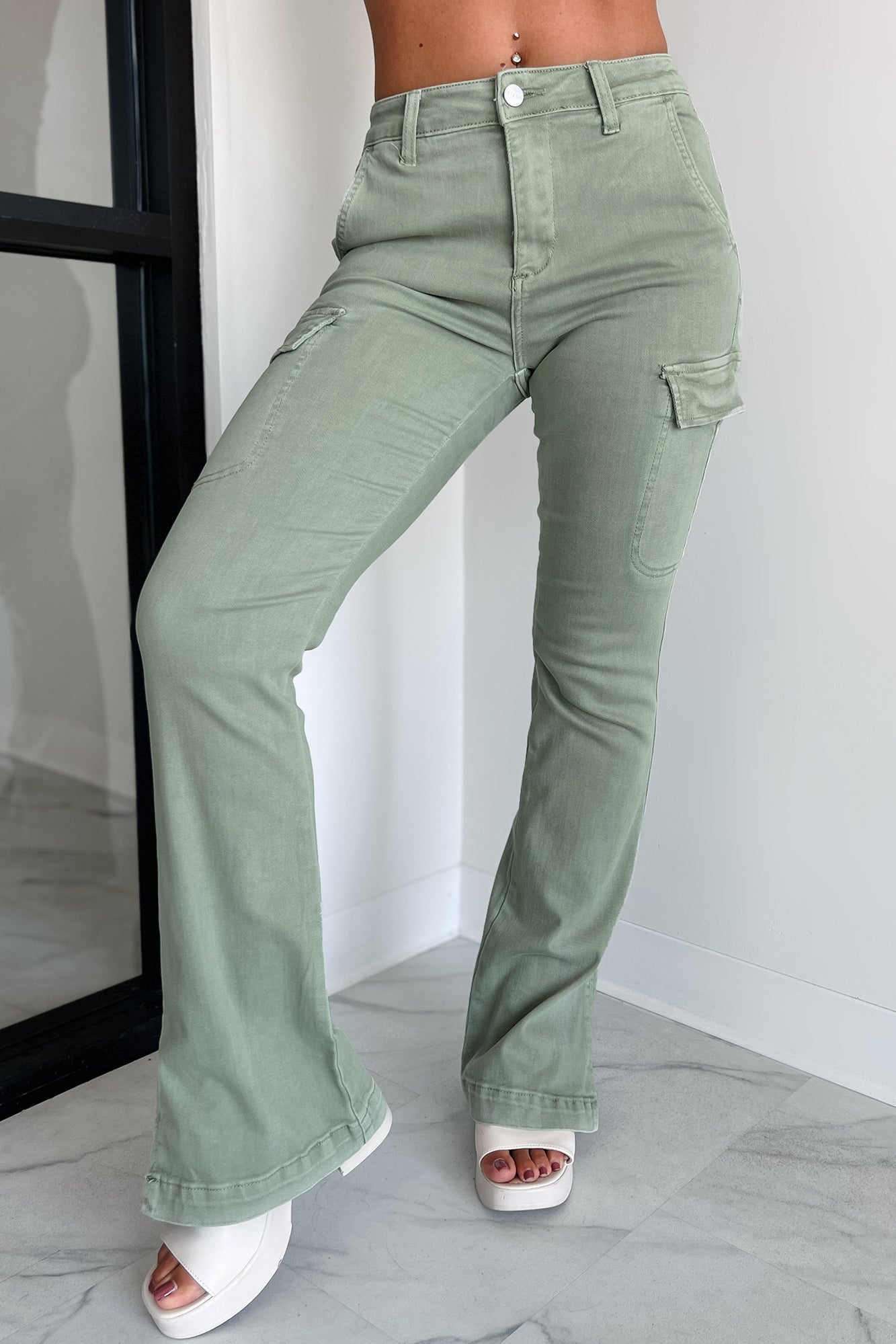 Indiana High Rise Split Hem Cargo Bootcut Jeans (Sage) - NanaMacs