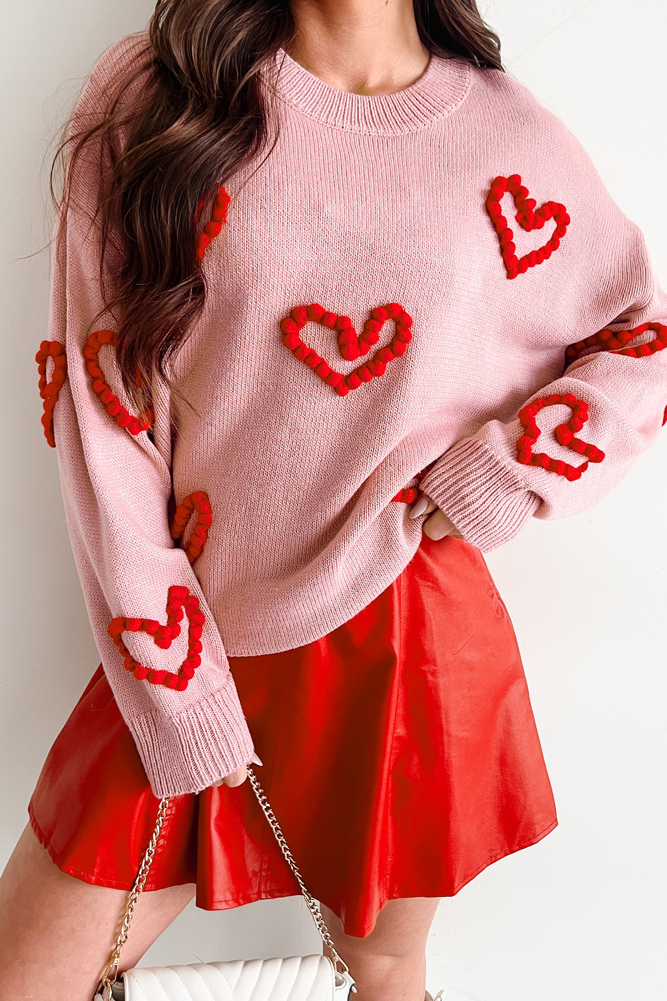 Thoughts About You Bubble Heart Knit Sweater (Blush/Red) - NanaMacs